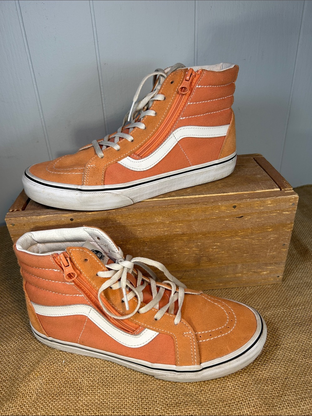 Vans Kids High-Top Sneakers in Orange and White Stripe